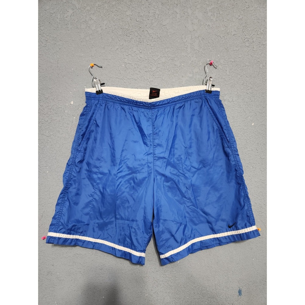VTG 90s NIKE Blue White Black Tag Mini Swoosh Swim Trunks Shorts Logo M